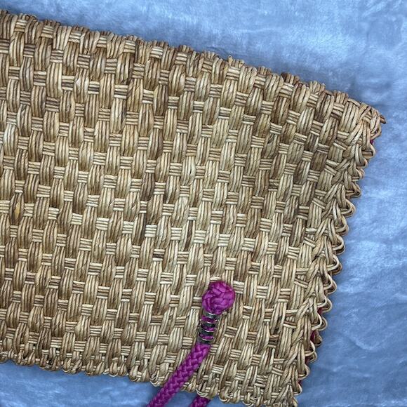 Vintage Magid Straw Wicker Woven Tote Bag Magenta Strap Beach Made in Italy - Picture 3 of 12